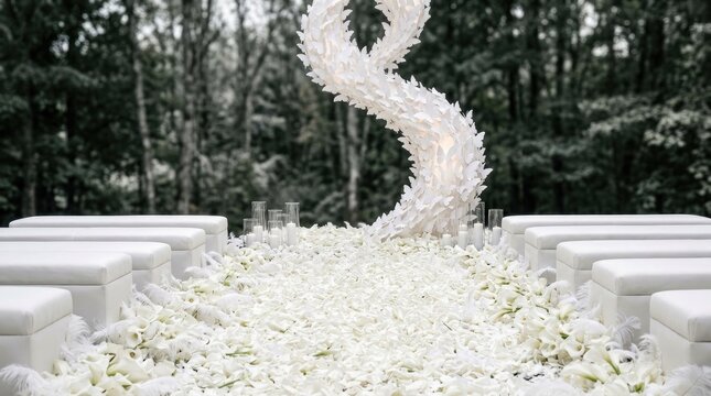 White floral wedding arch with aisle covered in white rose petals