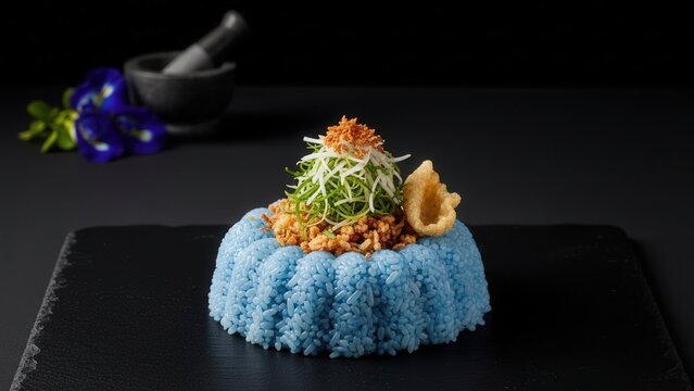 Fine dining presentation of Malaysian Nasi Kerabu blue butterfly pea rice with shredded herbs and crispy fish skin on a slate platter with a mortar, pestle, and dramatic negative space.