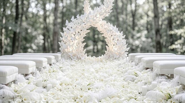 White floral wedding arch with aisle covered in white rose petals