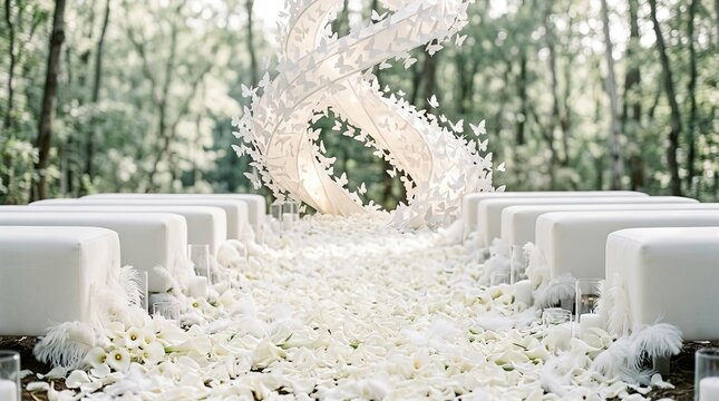 White floral wedding arch with aisle covered in white rose petals