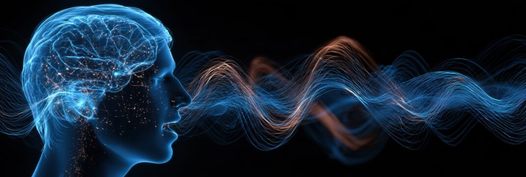 A person unable to speak, with a brain implant that decodes intended speech in real time against a dark background.
