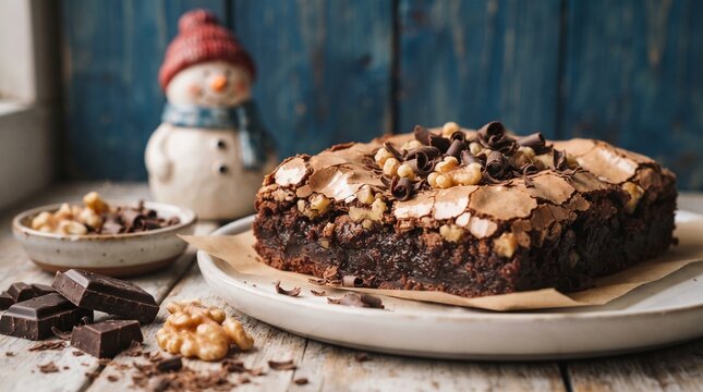 Festive Christmas chocolate brownies with holiday decor