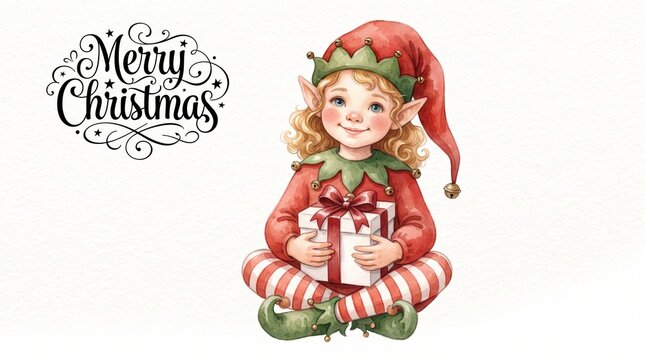 Cheerful Christmas elf in green and red attire holding gift, with elegant Merry Christmas calligraphy above