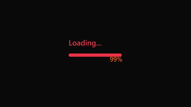 Minimalist red loading bar at 99 percent completion, digital progress indicator on black background, software update and data upload status graphic
