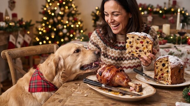 A joyful woman wearing a festive sweater shares a Christmas feast with her golden retriever, featuring a delicious roasted turkey leg and fruitcakes on a decorated table.