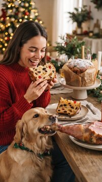 A woman in a red sweater joyfully eats a slice of panettone cake while a golden retriever dog tries to get a piece of ham on the table during a Christmas celebration.