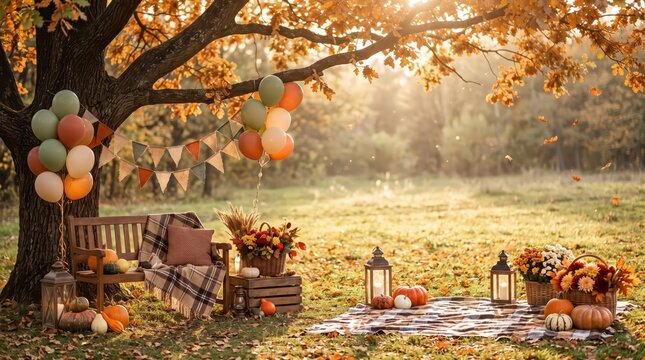 Cozy outdoor autumn birthday celebration decorated with balloons, bunting, pumpkins and lanterns beneath a tree