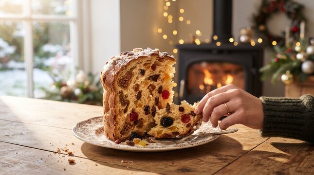 A person's hand breaks off a piece of rich, fruit-filled panettone cake in a cozy, festive setting with a fireplace and Christmas decorations, conveying warmth and holiday cheer.