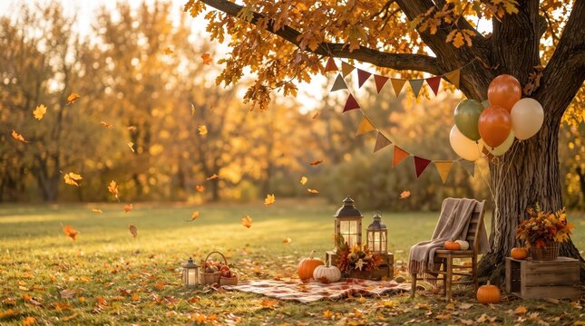Cozy outdoor autumn birthday celebration decorated with balloons, bunting, pumpkins and lanterns beneath a tree
