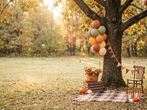Cozy outdoor autumn birthday celebration decorated with balloons, bunting, pumpkins and lanterns beneath a tree