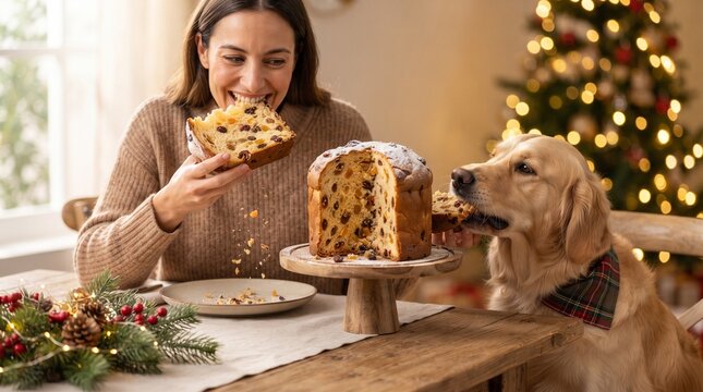 A woman smiles as she enjoys a slice of panettone, while her golden retriever dog looks on, eager to share the festive treat in a warm, homey setting with a Christmas tree in the background.