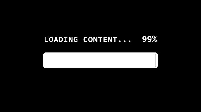 Retro loading bar with 99 percent progress text, minimalist white status indicator on black background, digital content loading screen for video