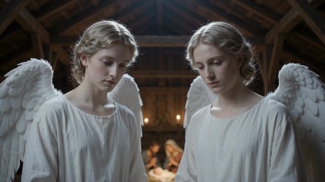 Two Angels Gazing Down in Wonder Above the Nativity, Peaceful Biblical Christmas Scene of Divine Presence, Heavenly Worship, Faith, Protection, Sacred Beauty, Hope and Adoration of Jesus