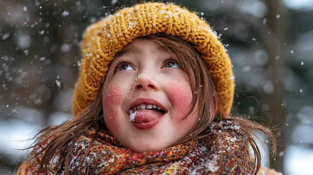 Winter Wonderland Joy: A young child with rosy cheeks and a bright yellow knitted hat catches snowflakes on their tongue, embodying pure winter delight and childlike wonder.