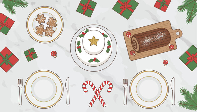 Festive Christmas dinner table flat lay displays plates yule log cake gingerbread and gifts.
