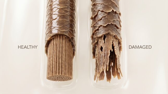 A comparative 3D render showing a cross-section of healthy hair fibers versus damaged, split hair.