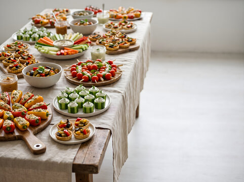 Delicious table full of gourmet appitizers, finger food, canapies, and fresh vegetables for a party event