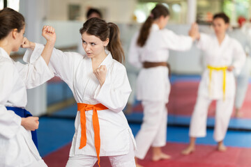 Diligent womens practicing new karate moves in pairs in class with trainer © JackF