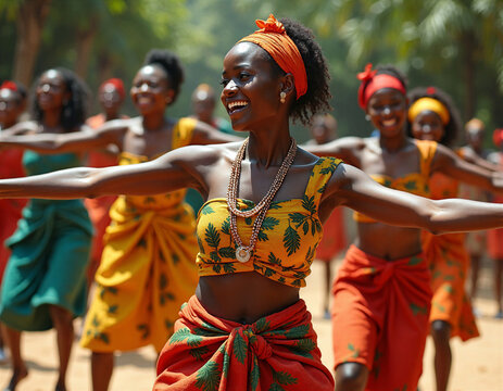 Colorful Nigerian Cultural Festival Featuring Traditional Dancers in Vibrant African Clothing and Floral Decorations