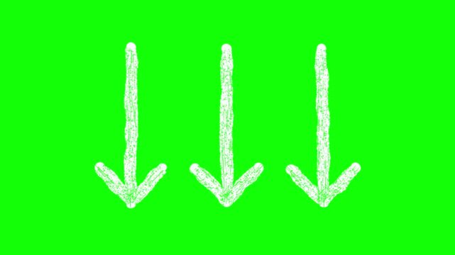 Three thick white hand-drawn chalk downward arrows with rough edges, boiling jitter and repeating push-down loop animation on green screen background, 10 seconds