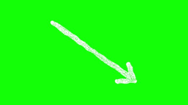 Thick white hand-drawn straight diagonal chalk arrow pointing to the bottom right with shaky rough line and open V head, boiling jitter and repeating push loop animation on green screen background