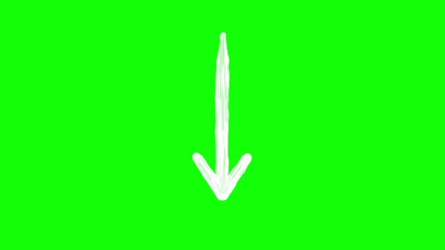 Thick white hand-drawn single vertical arrow pointing down with long brush stroke and open V head, boiling jitter and repeating downward push loop animation on green screen background