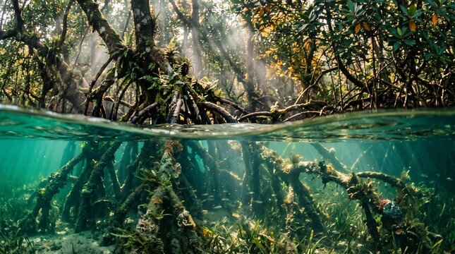 Split over under view of mangrove forest ecosystem. Beautiful underwater roots in clear turquoise water and lush tropical jungle trees with sun rays above.
