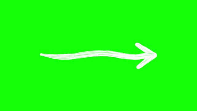Thick white hand-drawn horizontal arrow pointing right with slightly wavy shaft and open V head, boiling jitter and repeating push to the right loop animation on green screen background