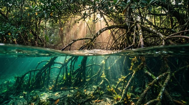 Split over under view of mangrove forest ecosystem. Beautiful underwater roots in clear turquoise water and lush tropical jungle trees with sun rays above.
