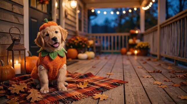 Adorable golden retriever puppy in a pumpkin costume sitting beside a jack-o-lantern on an autumn porch