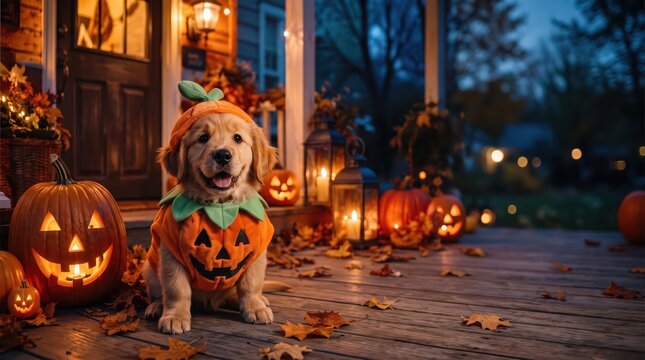 Adorable golden retriever puppy in a pumpkin costume sitting beside a jack-o-lantern on an autumn porch