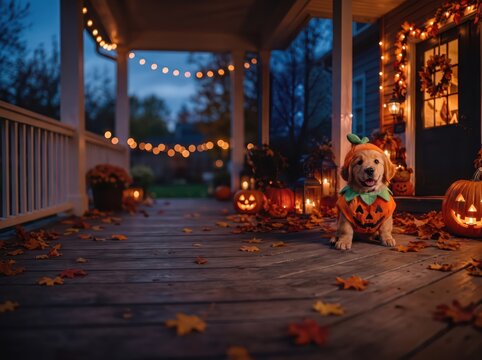 Adorable golden retriever puppy in a pumpkin costume sitting beside a jack-o-lantern on an autumn porch