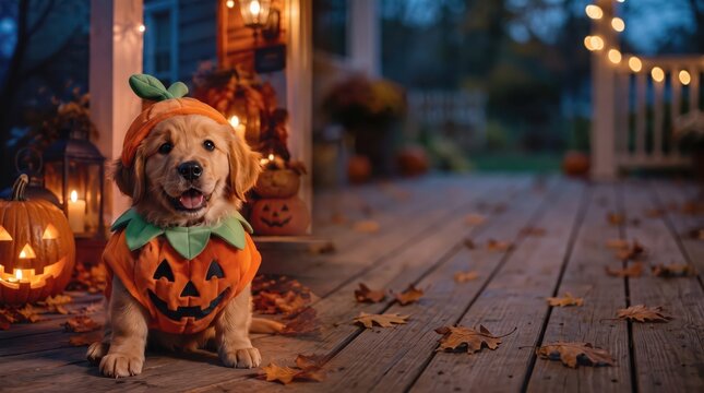 Adorable golden retriever puppy in a pumpkin costume sitting beside a jack-o-lantern on an autumn porch
