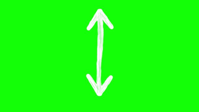 Thick white hand-drawn double-headed vertical arrow with open V heads on both ends, boiling jitter and alternating outward push up and down loop animation on green screen background