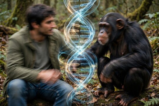 Glowing DNA double helix strand between a blurred Caucasian human male and a chimpanzee Pan troglodytes sitting in a forest illustrating genetic similarity and human evolution