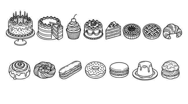 Classic Cakes and Pastries Outline Vector Collection