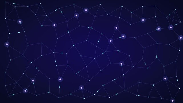 Abstract digital networking grid animation featuring glowing nodes and connecting lines moving across dark blue video footage