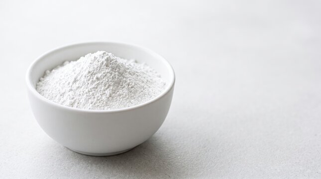 Titanium dioxide powder inside white bowl on textured surface. Titanium dioxide powder component features fine chemical particles for industrial usage.