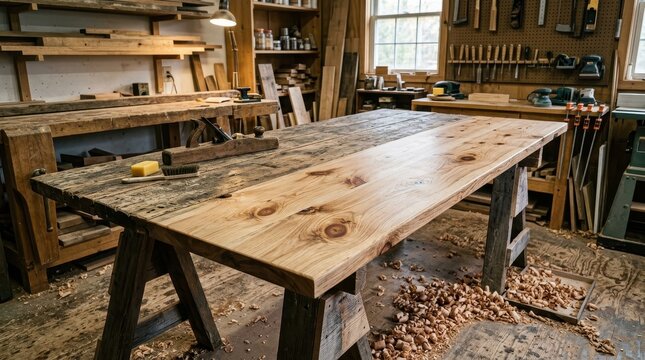 A large unfinished wooden tabletop rests on sawhorses in a woodworking workshop