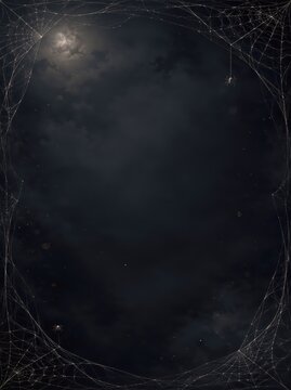 Spooky Halloween spider web frame against a dark moonlit night sky with hanging spiders and copy space