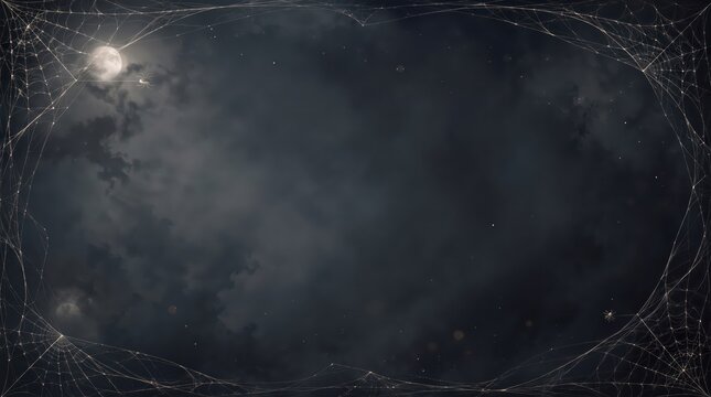 Spooky Halloween spider web frame against a dark moonlit night sky with hanging spiders and copy space