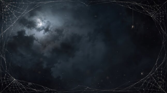 Spooky Halloween spider web frame against a dark moonlit night sky with hanging spiders and copy space