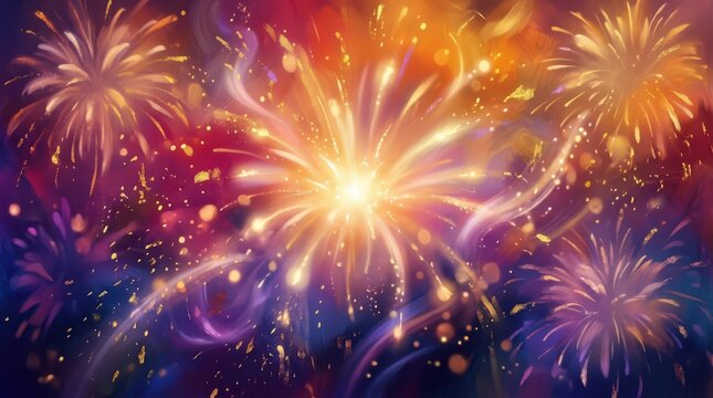 Vibrant abstract painting of colorful fireworks exploding in the night sky with golden sparks and glowing light trails