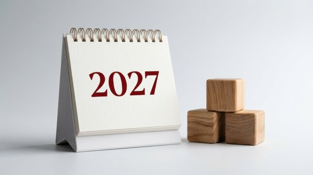 A desk calendar showing the year 2027 with wooden blocks isolated on white background