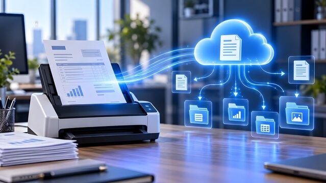 Desktop scanner uploading physical documents directly into a glowing virtual cloud storage network for remote digital organization