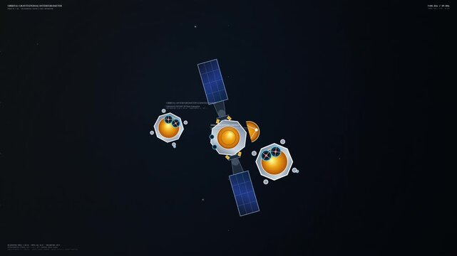 Educational animation of a gravitational interferometer spacecraft constellation forming an equilateral triangle to detect ripples in spacetime and measure gravitational waves in heliocentric orbit
