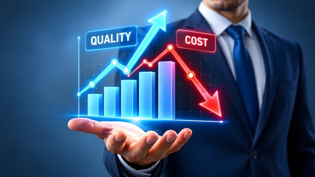 Professional holding a glowing digital chart with rising quality and falling cost arrows. Concept of corporate efficiency and strategic management.