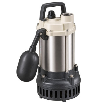 Transparent png cutout of a stainless steel submersible drainage pump with a float switch for dirty water pumping. Isolated equipment for real estate maintenance, plumbing and utility service works.