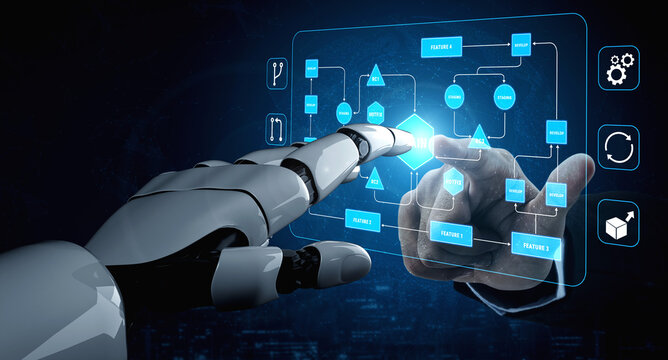 Futuristic Robot Hand Interacting with Digital Interface Display of Abstract Technology Graphs and Diagrams in Modern Business Environment Quark.
