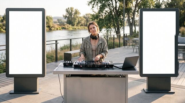 Female DJ Performing at Outdoor Riverside Event with Blank Advertising Displays Mock Up Standing Banner